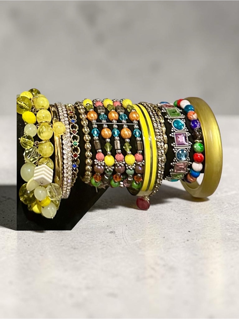 Vibrant Yellow Multicolor Stackable Bracelet Set Boho Beaded Rhinestone Bangles